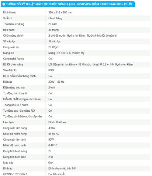Thông số kỹ thuật Máy lọc nước nóng lạnh Hydro-ion kiềm Karofi KAE-S86 - 12 Lõi