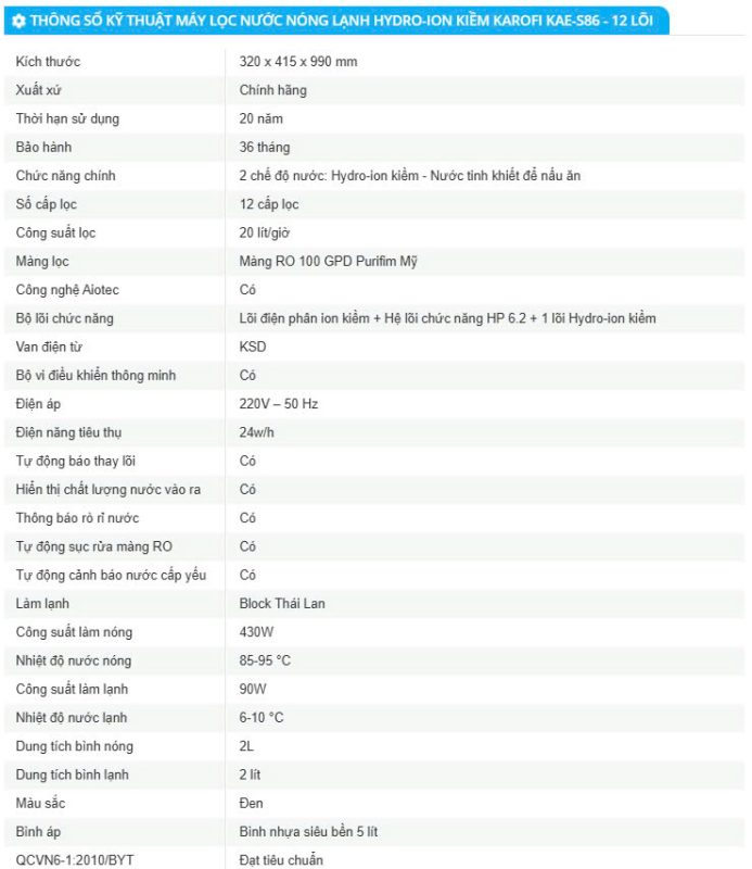 Thông số kỹ thuật Máy lọc nước nóng lạnh Hydro-ion kiềm Karofi KAE-S86 - 12 Lõi